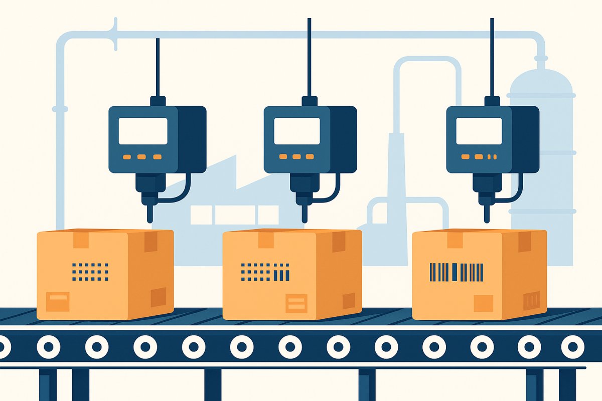 Illustration of industrial packaging line with multiple coding stations